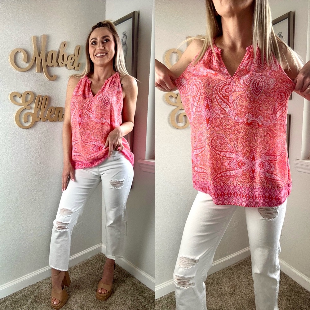 Cynthia Rowley feminine and flirty, pink paisley sleeveless top size large